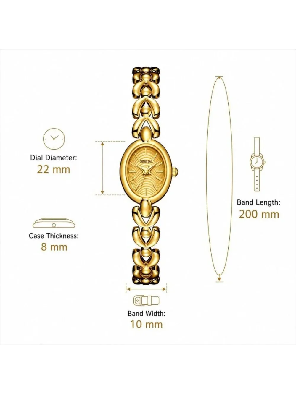 Women's Gold Dainty Oval Adjustable Bracelet Vintage Stylish Dress Wrist Watch